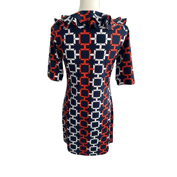 TRACY NEGOSHIAN Orange Navy Blue Ruffle V Neck Dress Size XS - Picture 6 of 8